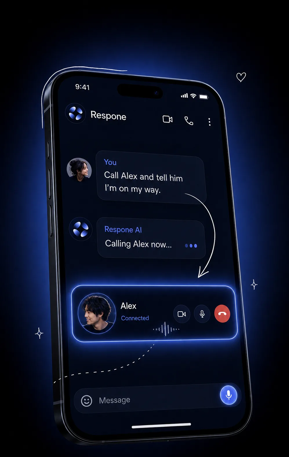 Respone on a phone: the user types “Call Alex and tell him I am on my way”, Respone AI replies “Calling Alex now…”, and a live call card shows Alex connected with a voice waveform and mic, video and hang-up buttons.