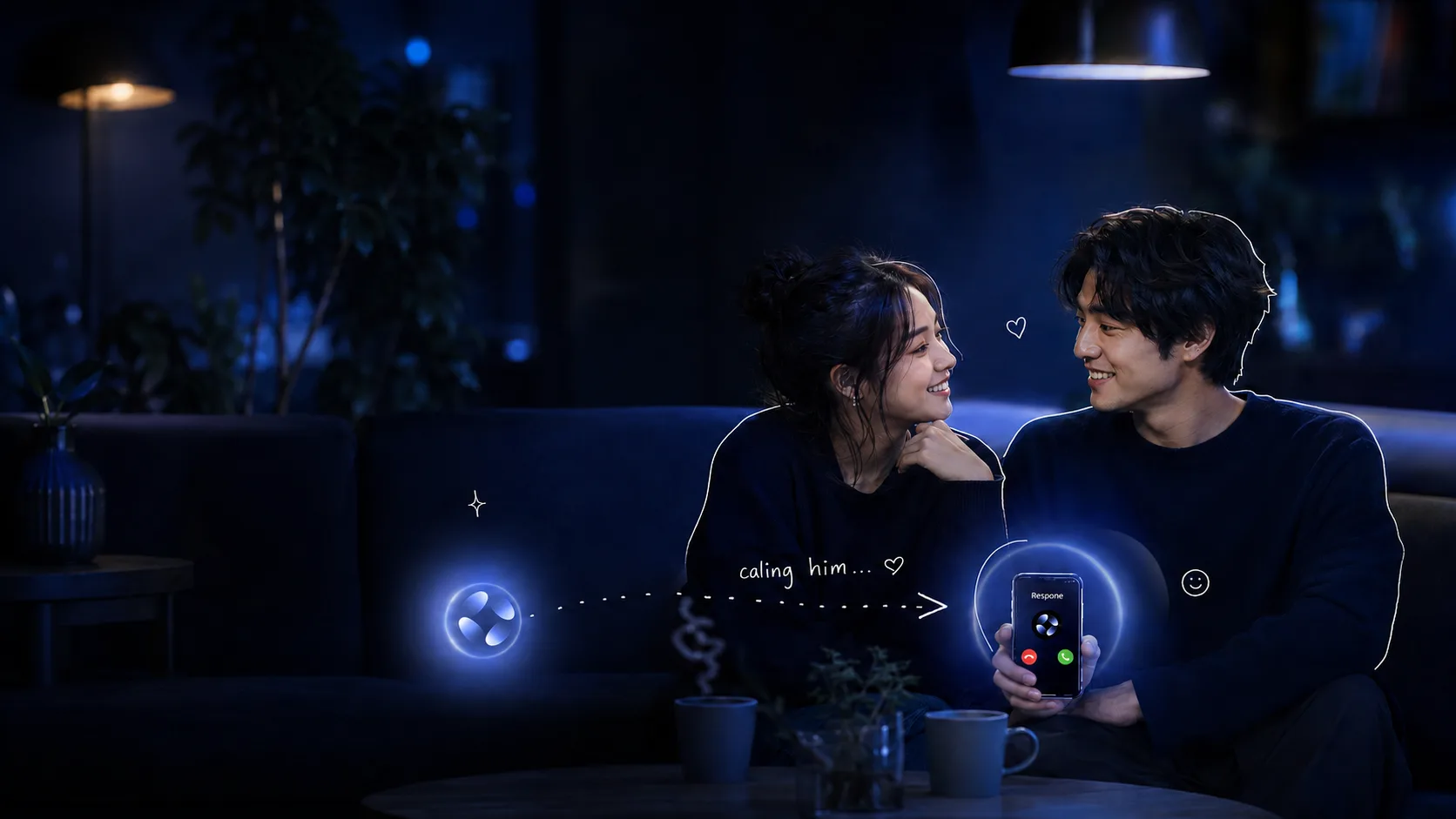 A couple sitting together on a sofa in a softly lit living room. A glowing Respone orb on the left sends a dotted line marked “calling him” across to the phone in his hand, which is showing an incoming Respone call.